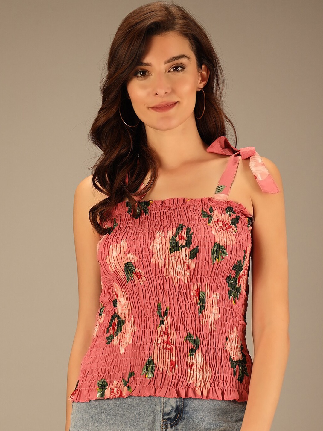 

Darzi Women Pink & Green Pure Cotton Floral Print Smocked Top