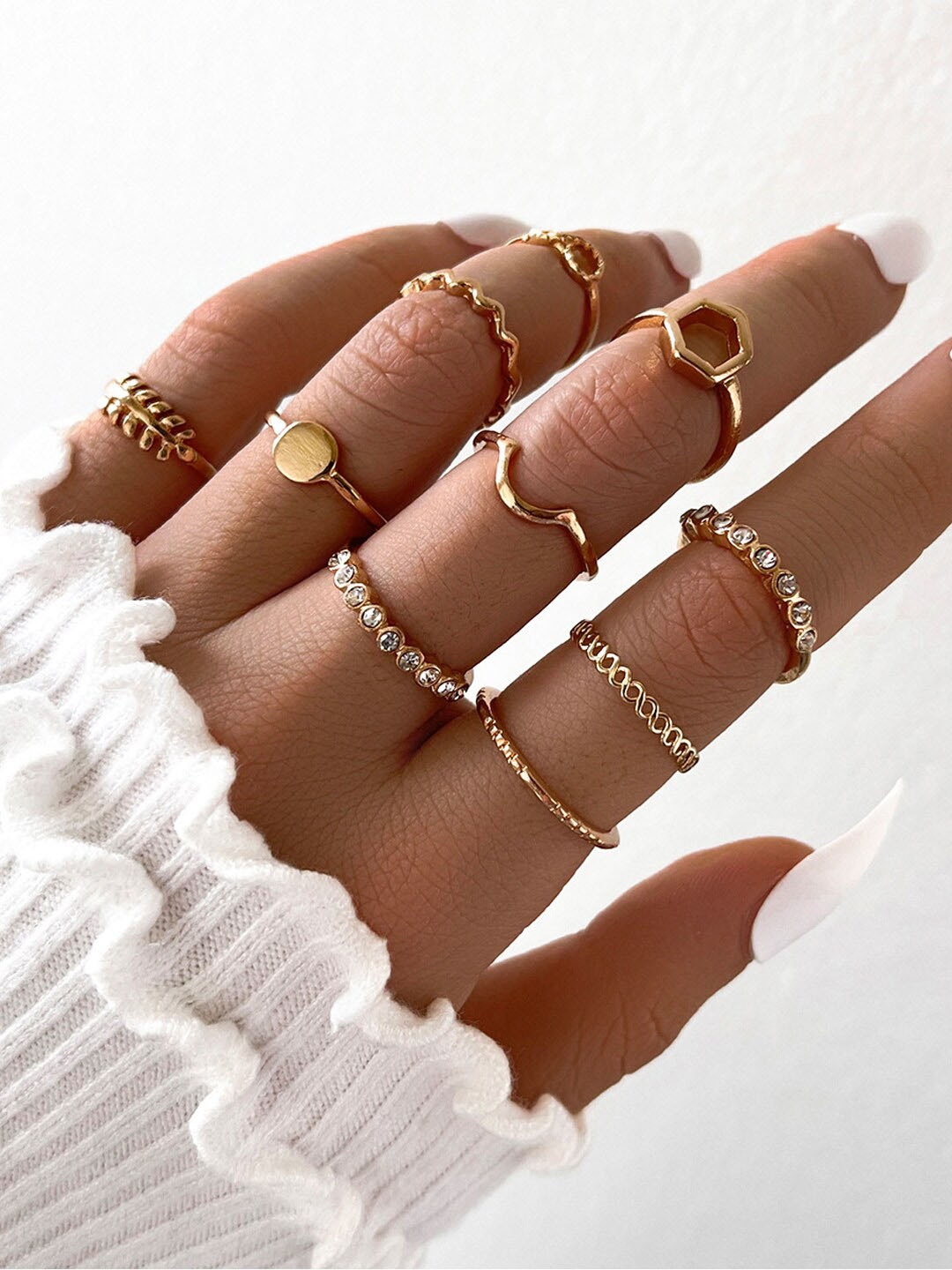 

Shining Diva Fashion Set of 10 Gold-Plated Crystals Studded Finger Ring