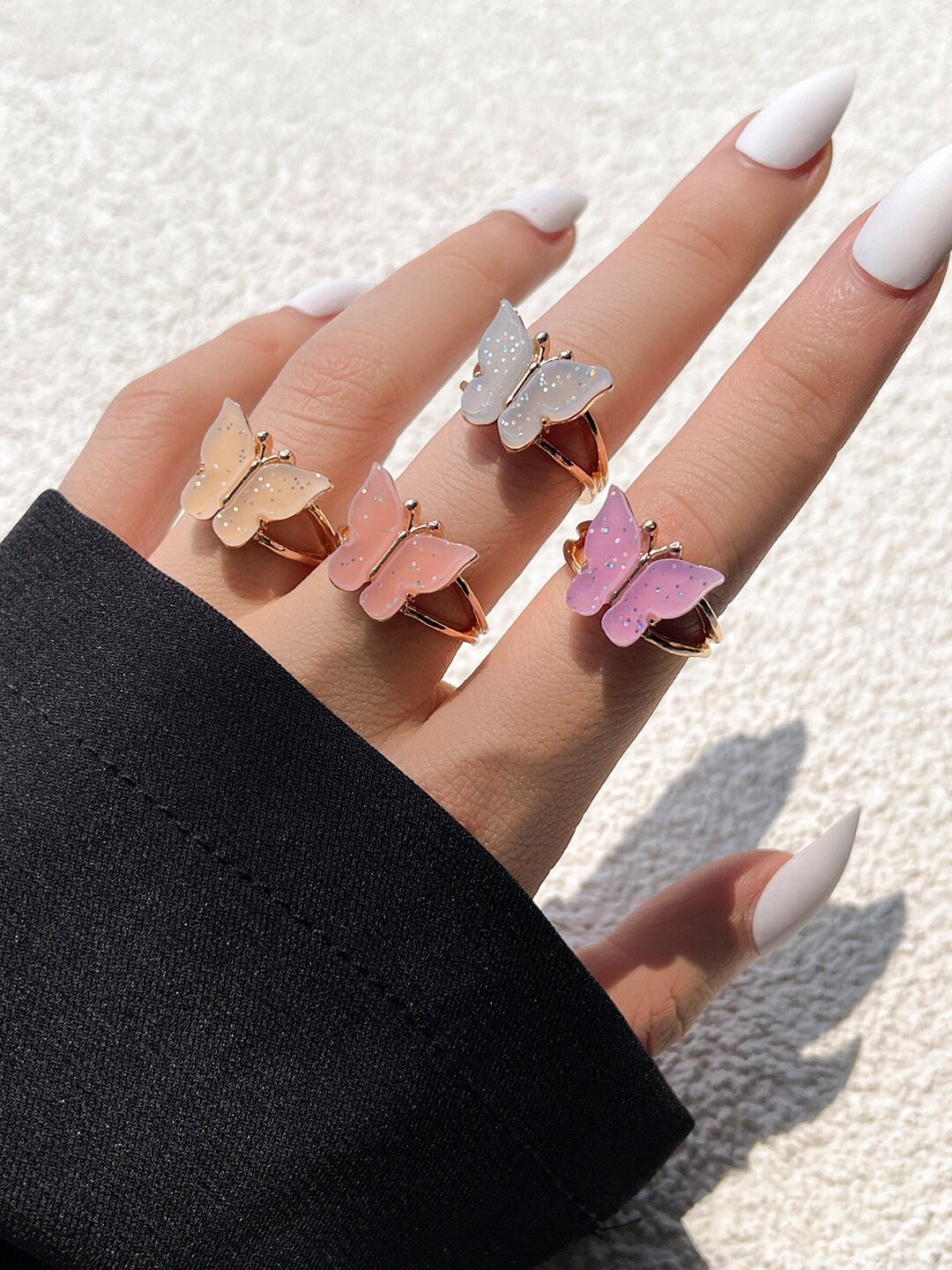 

Shining Diva Set Of 4 Gold-Plated Crystal Butterfly Shaped Finger Rings
