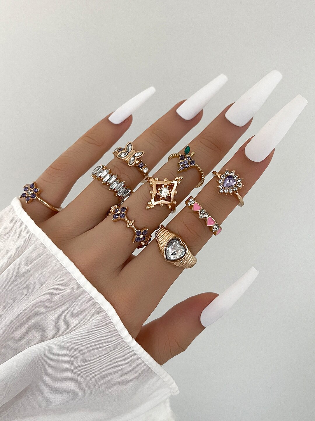 

Shining Diva Fashion Set of 9 Gold-Plated Crystal Studded Finger Rings