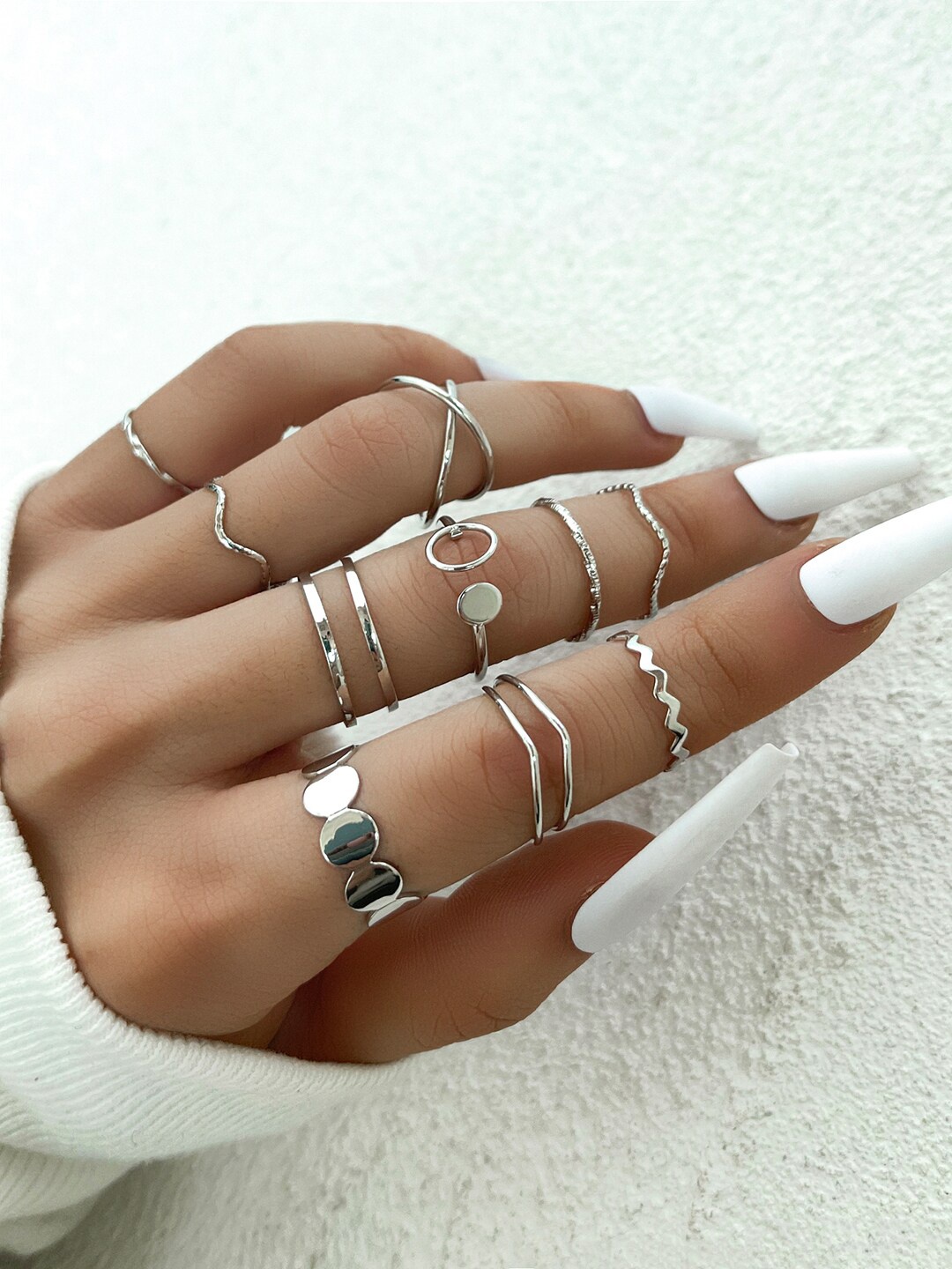 

Shining Diva Fashion Set Of 10 Silver-Plated Rings