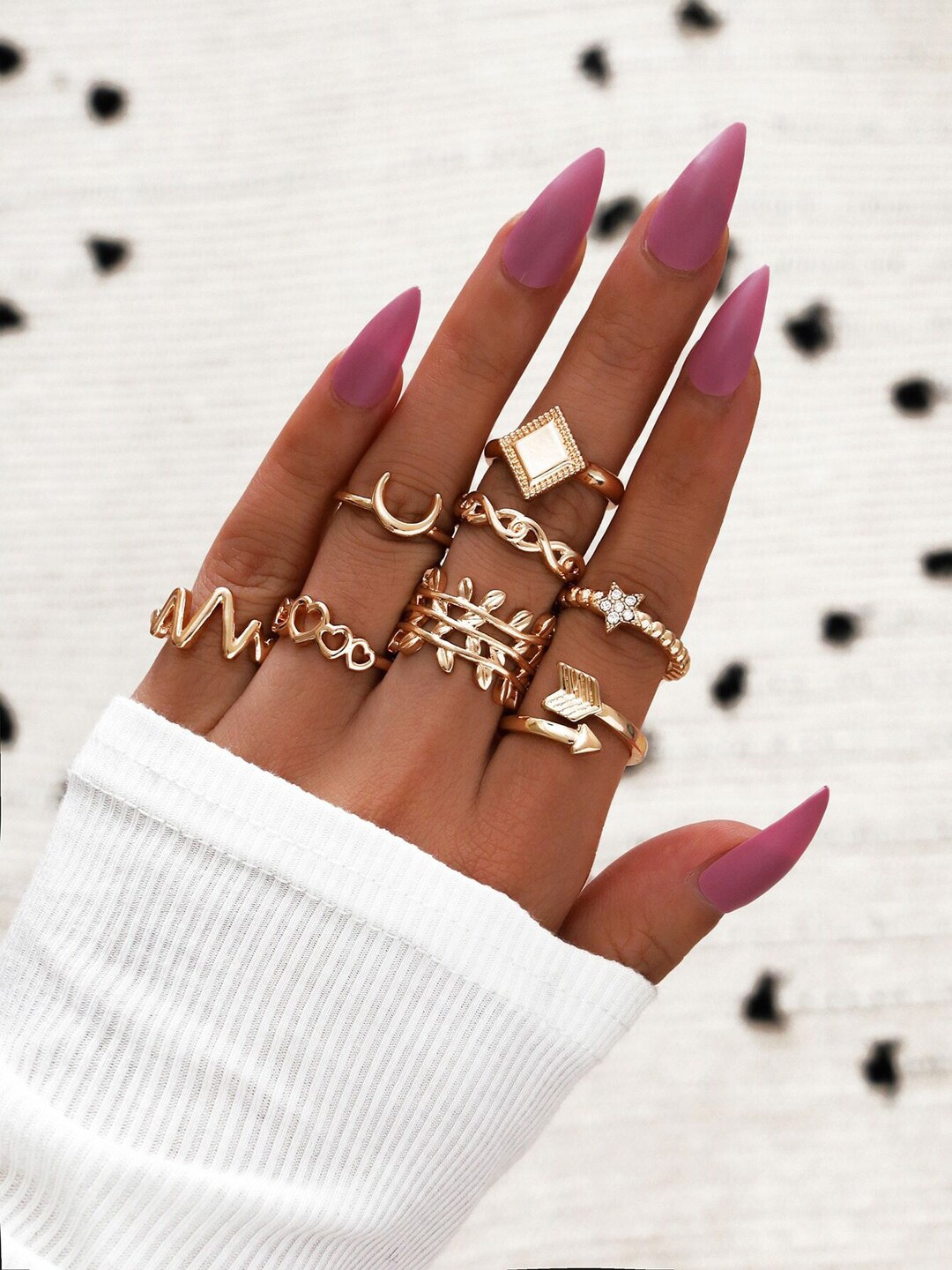 

Shining Diva Fashion Set Of 8 Gold-Plated Crystal Studded Boho Finger Rings