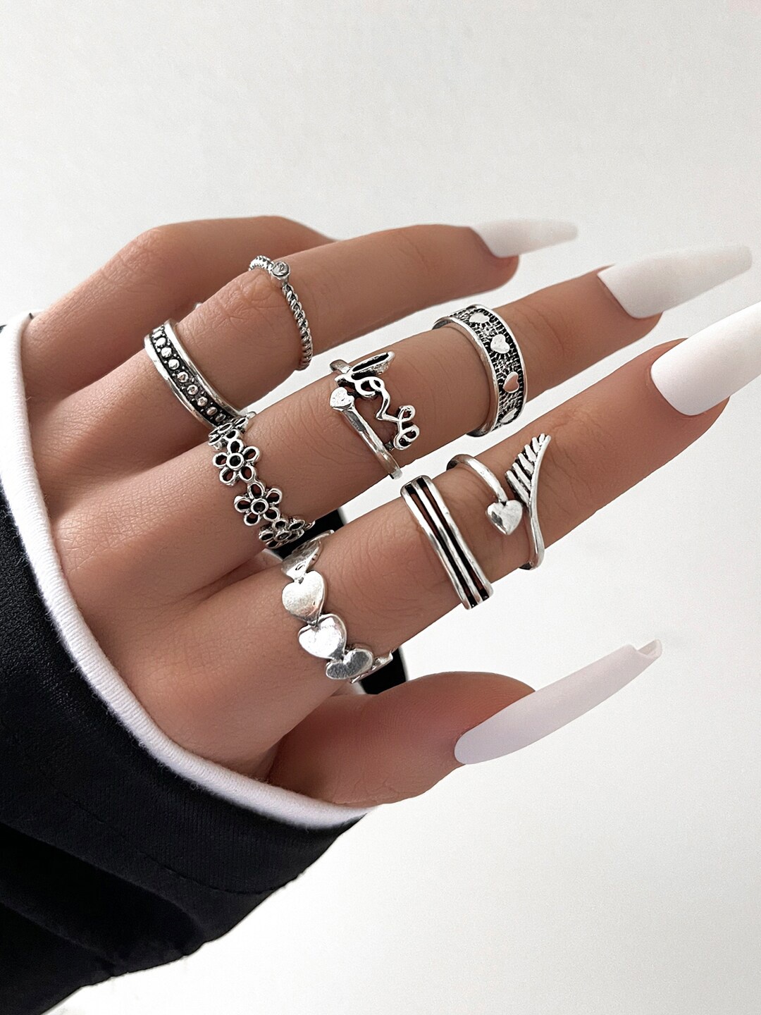 

Shining Diva Fashion Set Of 8 Silver-Plated Finger Rings