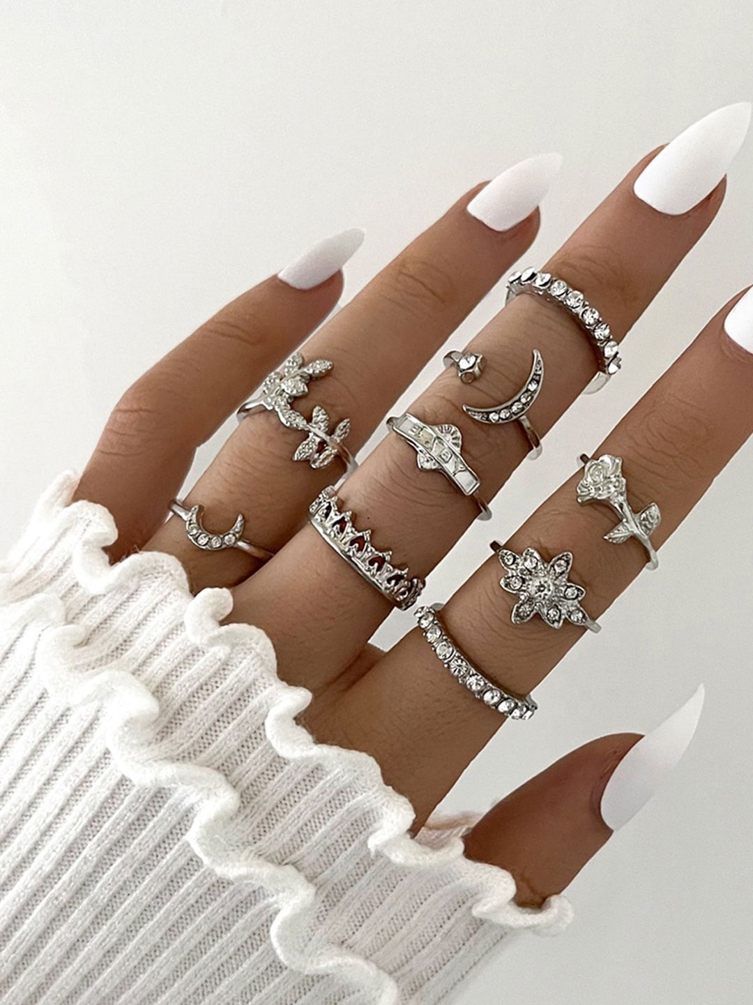 

Shining Diva Fashion Set of 9 Silver-Plated Crystal-Studded Finger Rings