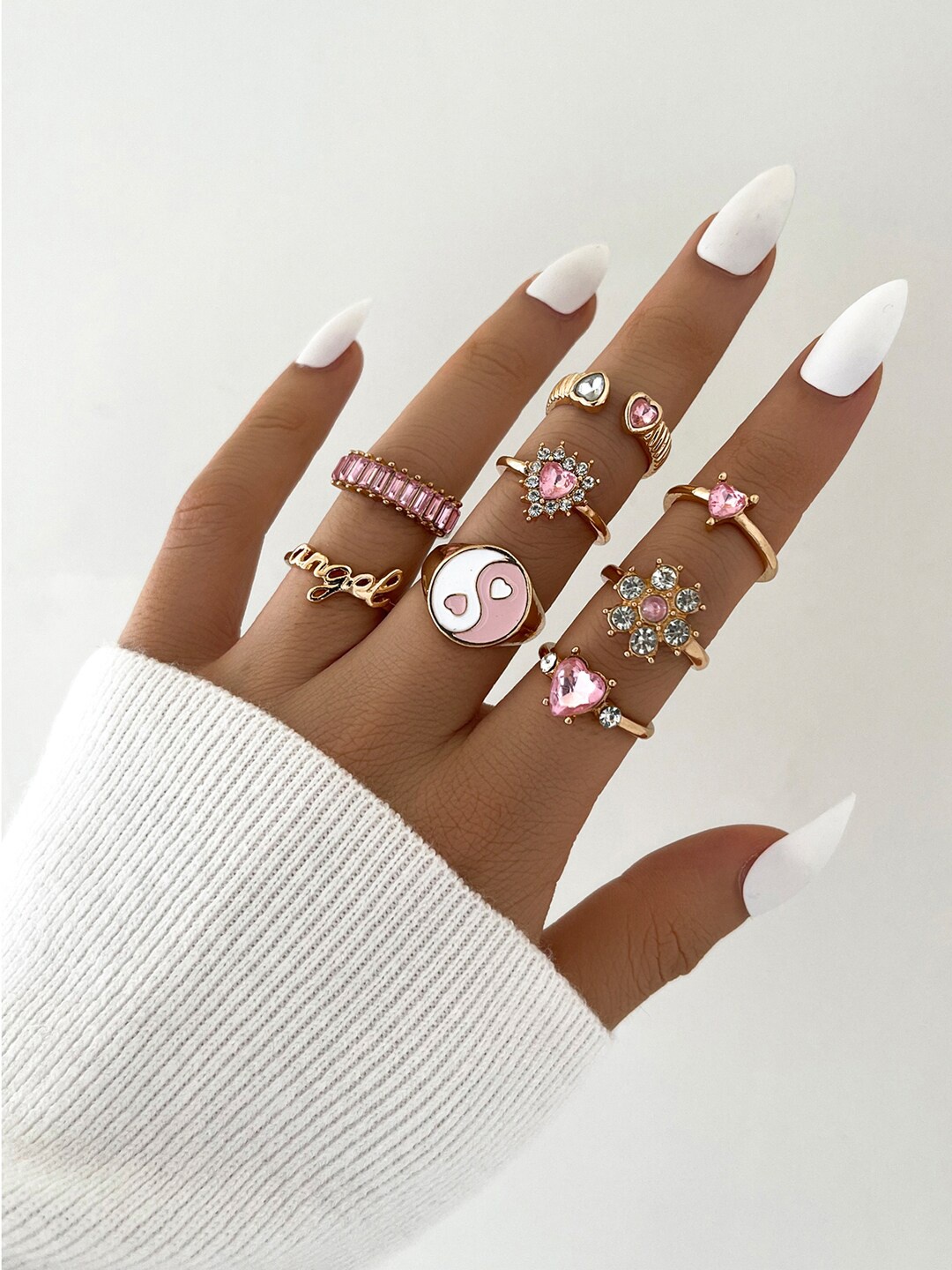 

Shining Diva Fashion Set Of 8 Gold-Plated Crystal-Studded Finger Rings