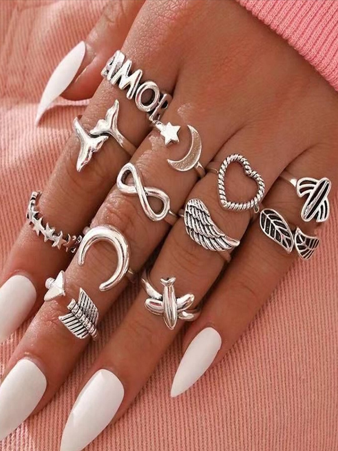

Shining Diva Fashion Set Of 12 Silver-Plated & Crystal Stone-Studded Finger Rings