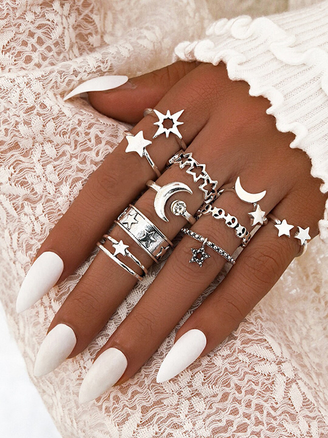 

Shining Diva Fashion Set of 10 Silver-Plated Crystal-Studded Rings