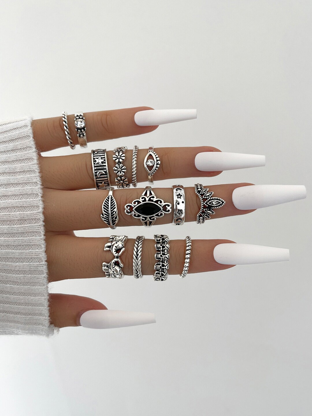 

Shining Diva Fashion Set Of 14 Silver-Plated & Crystal Stone-Studded Finger Rings