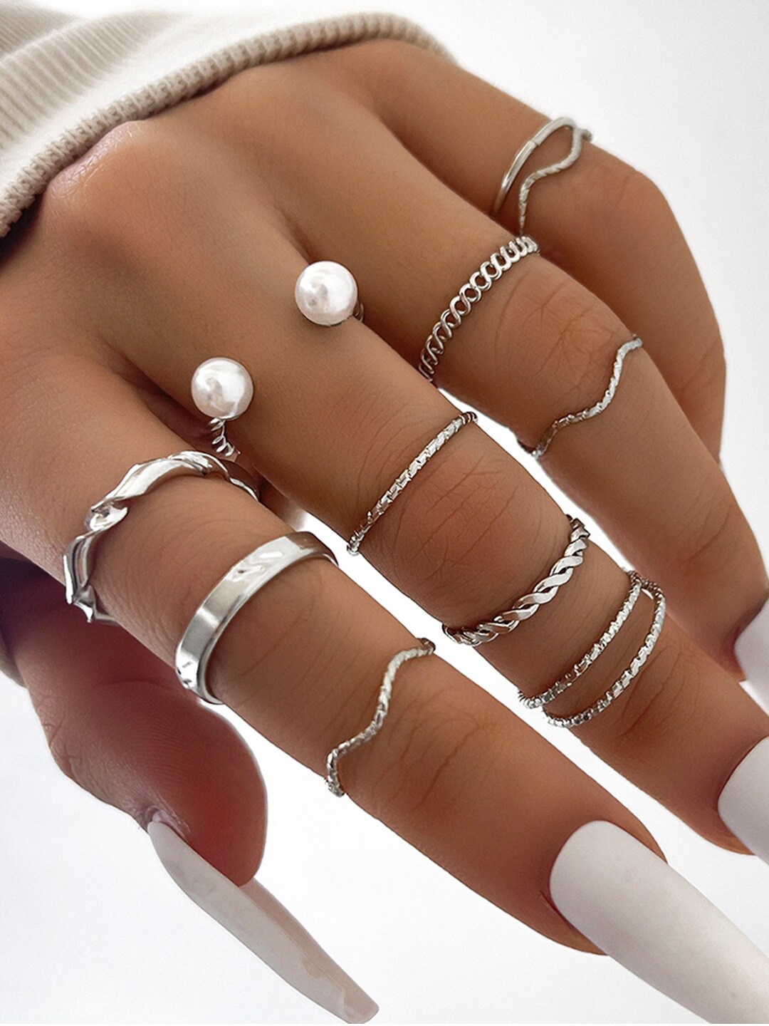 

Shining Diva Fashion Set of 10 Silver-Plated Pearls-Studded Finger Rings