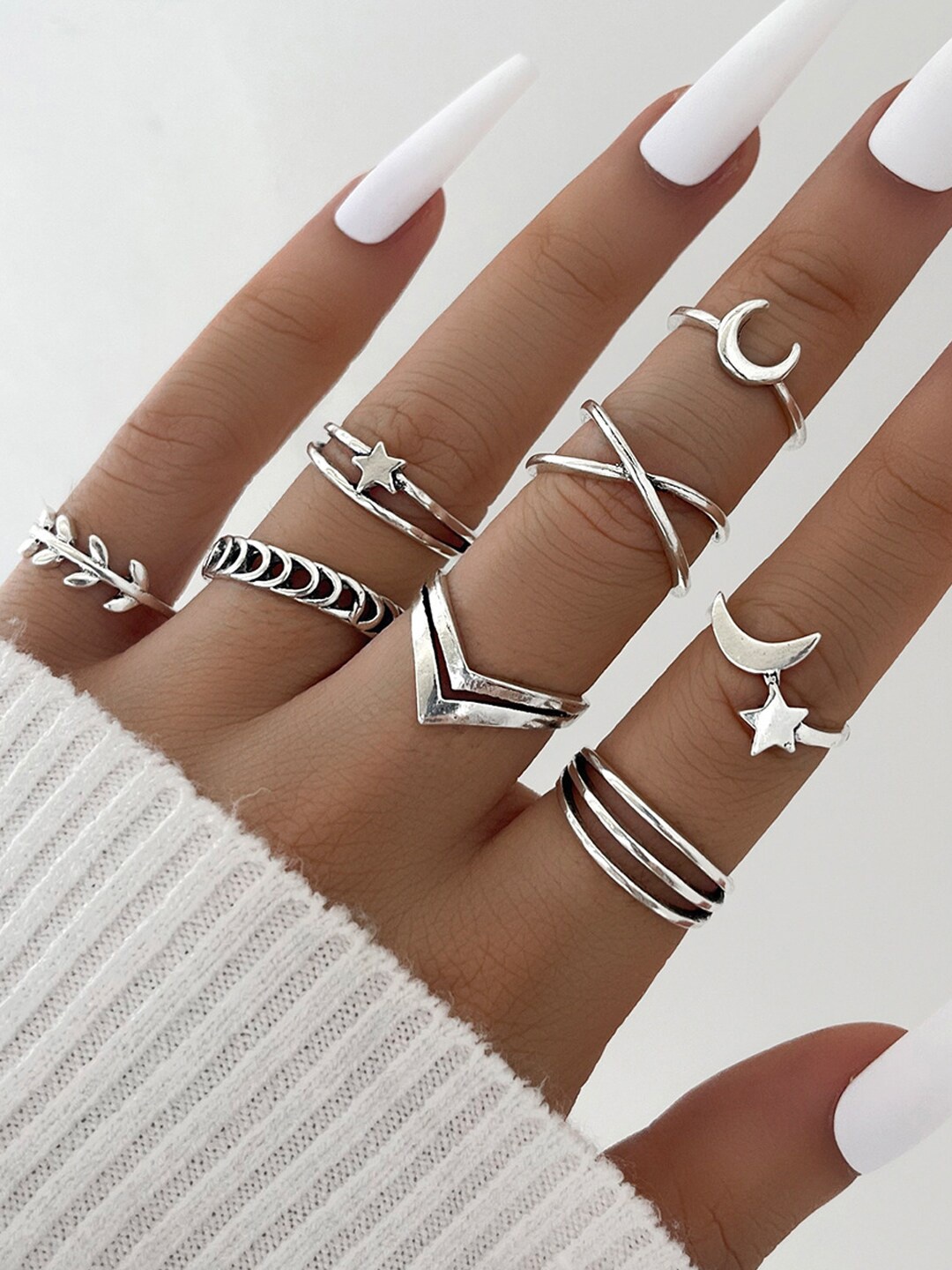 

Shining Diva Fashion Set Of 8 Silver-Plated Finger Ring