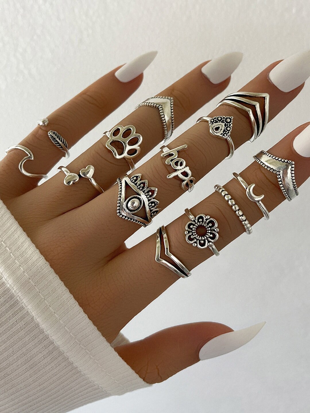 

Shining Diva Fashion Set Of 14 Silver-Plated & Crystal Stone-Studded Finger Rings