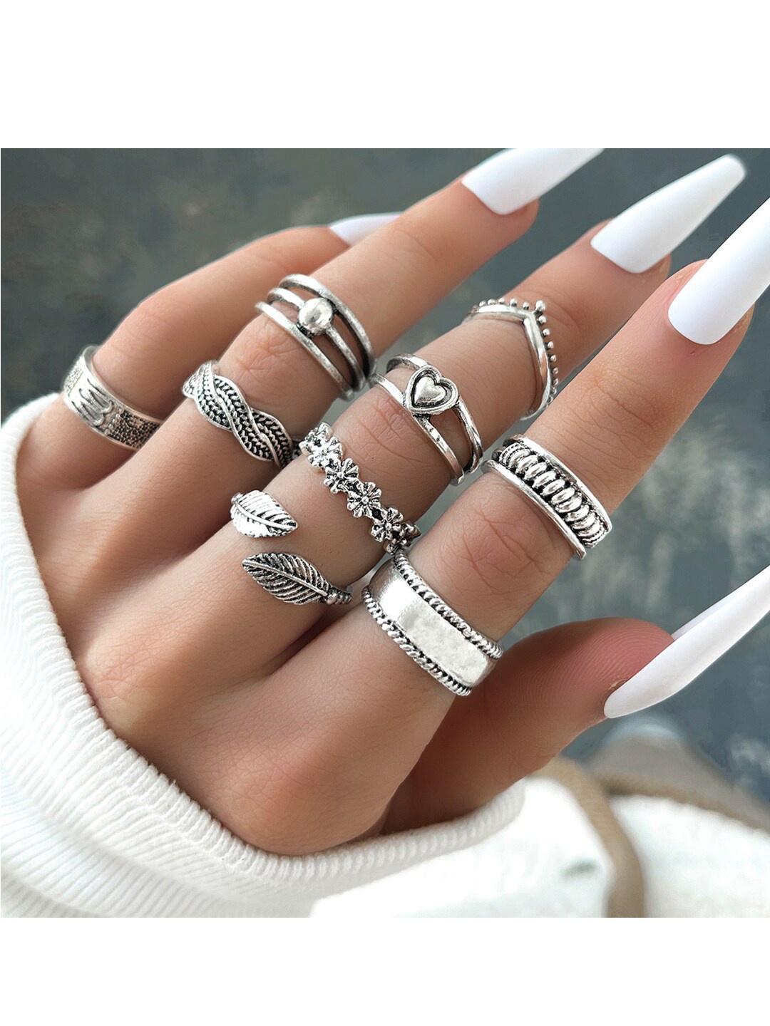 

Shining Diva Fashion Set of 9 Silver-Plated Crystal Studded Finger Ring