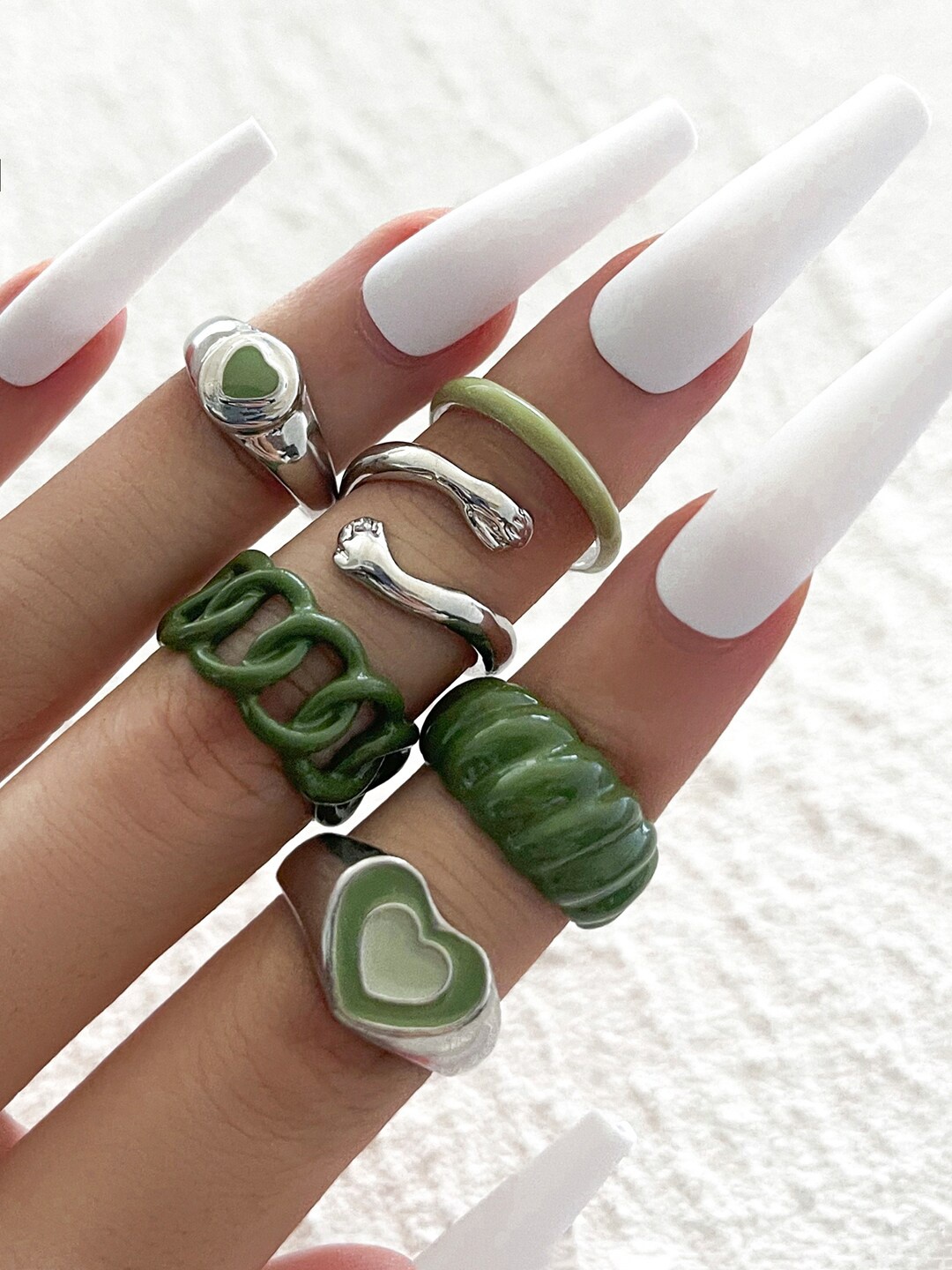 

Shining Diva Fashion Set of 6 Silver-Plated Green-Toned & Crystal Studded Finger Ring