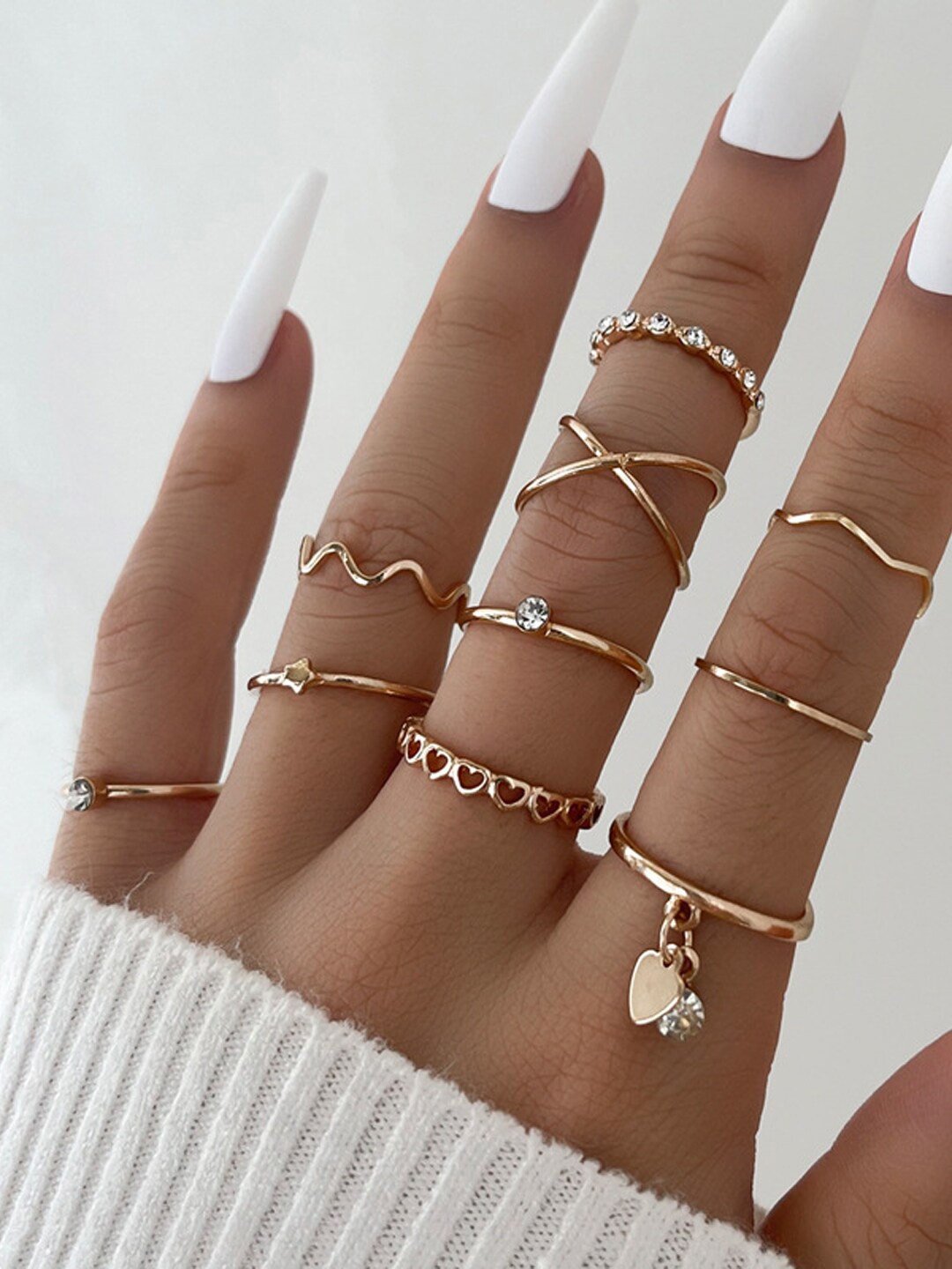 

Shining Diva Fashion Set Of 10 Gold-Plated & Crystal Stone-Studded Finger Rings