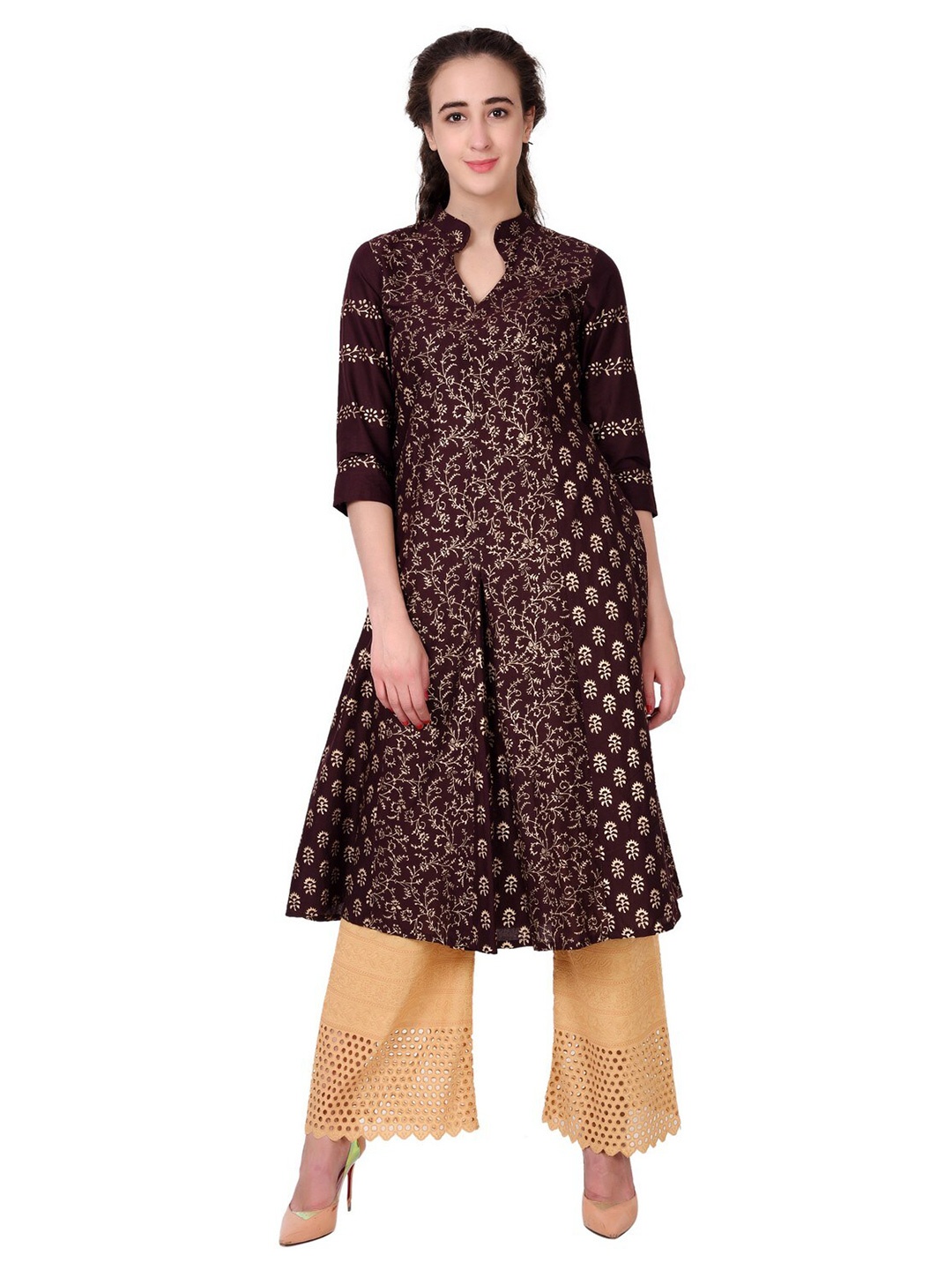 

EZIS FASHION Women Brown Floral Printed Pure Cotton Kurta