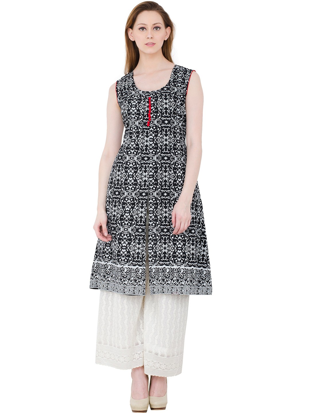 

EZIS FASHION Women Black & White Printed Pure Cotton Kurti