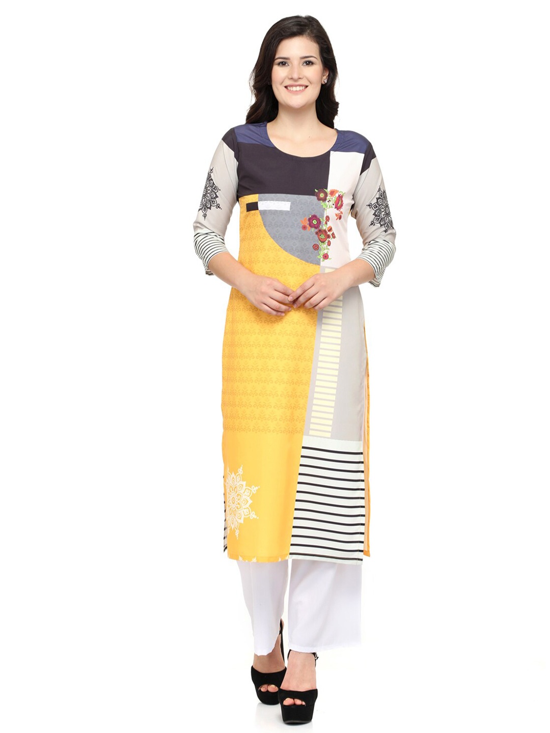 

EZIS FASHION Women Yellow & Black Printed Kurta