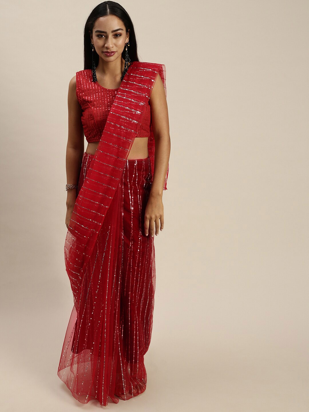 

Iris Red Embellished Sequinned Net Saree