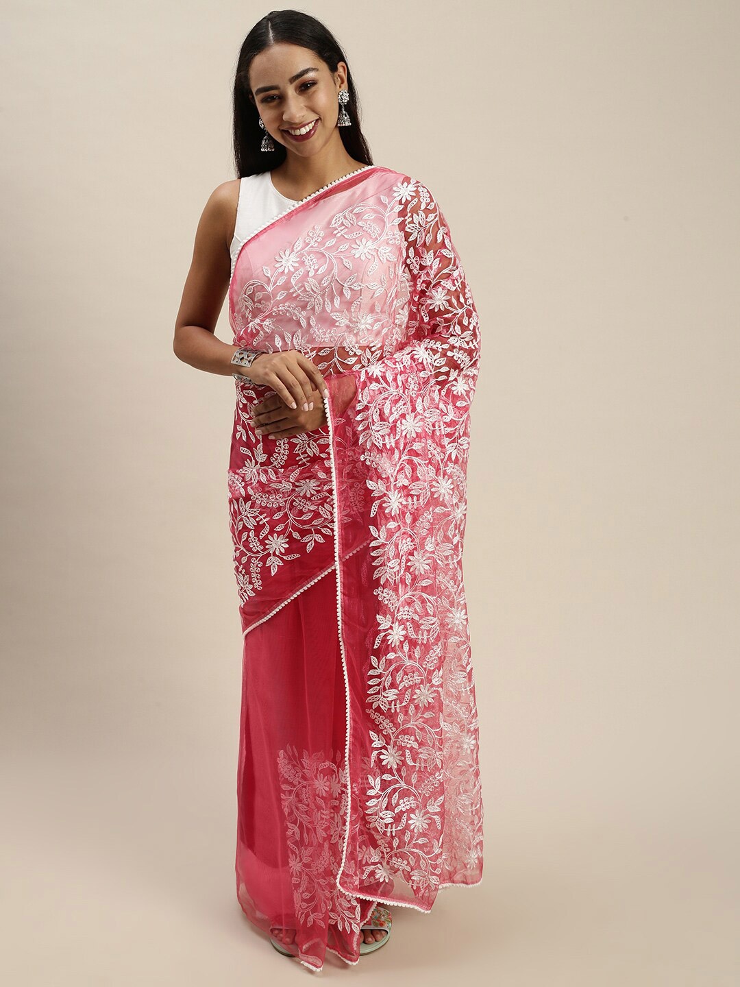 

Iris Pink & White Ethnic Motifs Embroidered Aari Work Net Saree