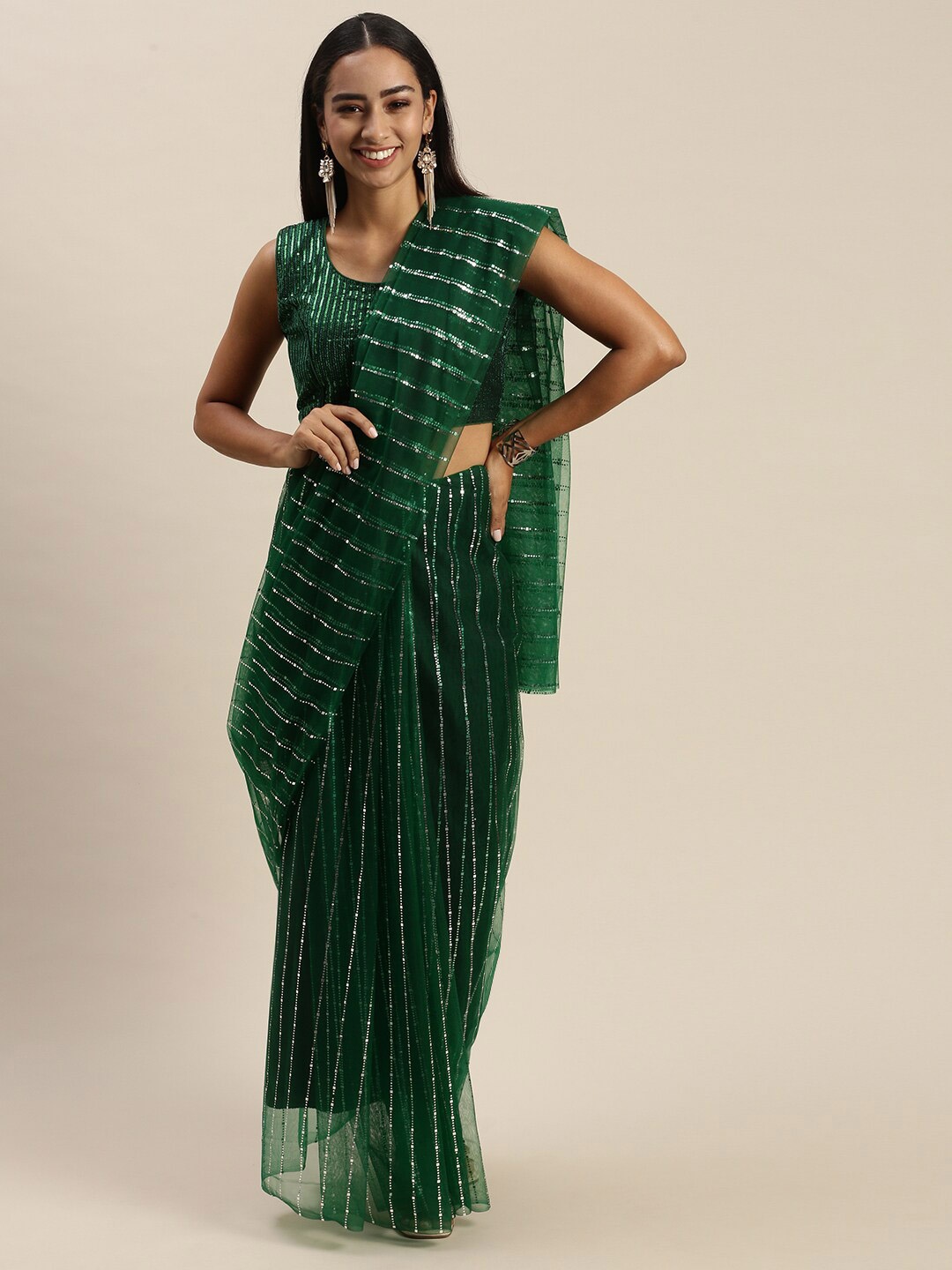 

Iris Green & Silver-Toned Embellished Sequinned Net Saree