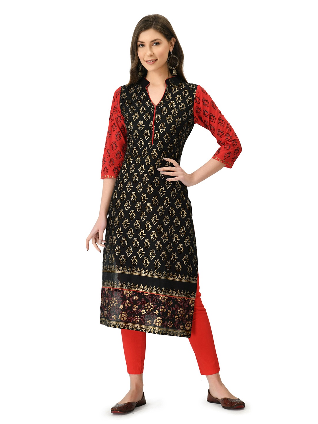 

EZIS FASHION Women Black & Red Ethnic Motifs Printed Pure Cotton Kurta