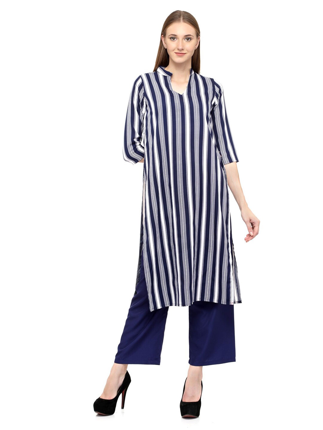 

EZIS FASHION Women Navy Blue Striped Kurta