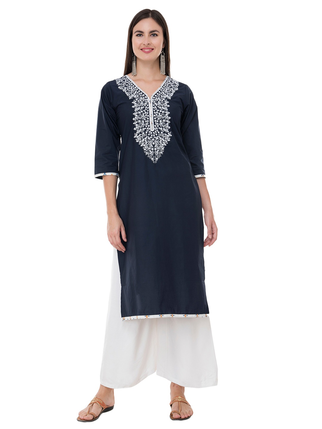 

EZIS FASHION Women Navy Blue Floral Embroidered Thread Work Pure Cotton Kurta