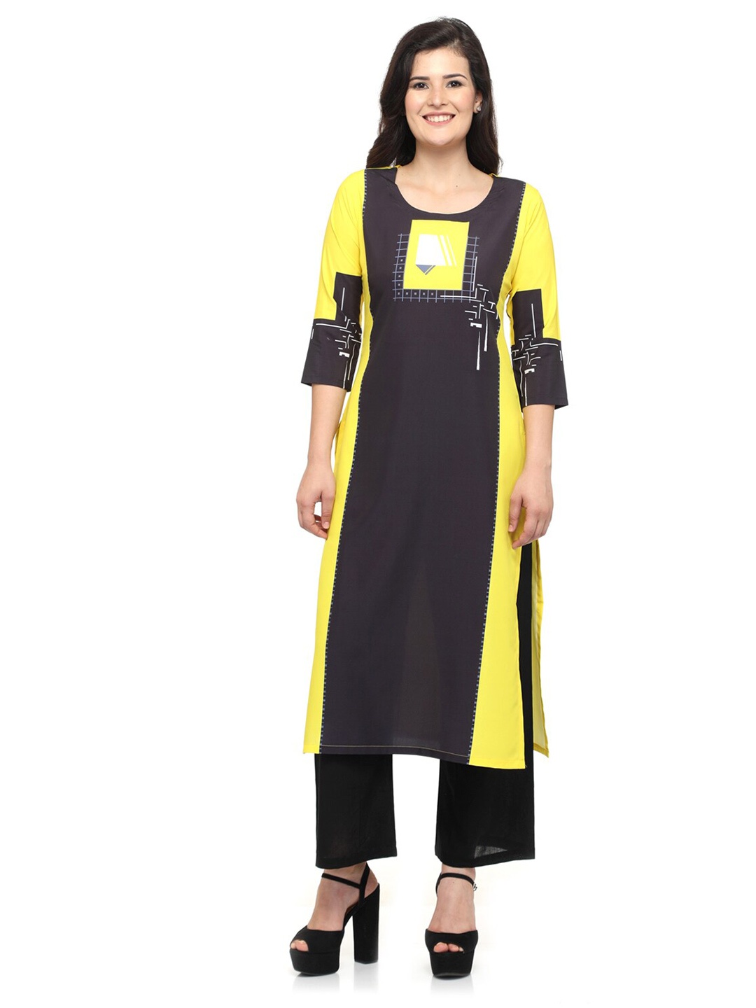 

EZIS FASHION Women Black & Yellow Geometric Printed Kurta