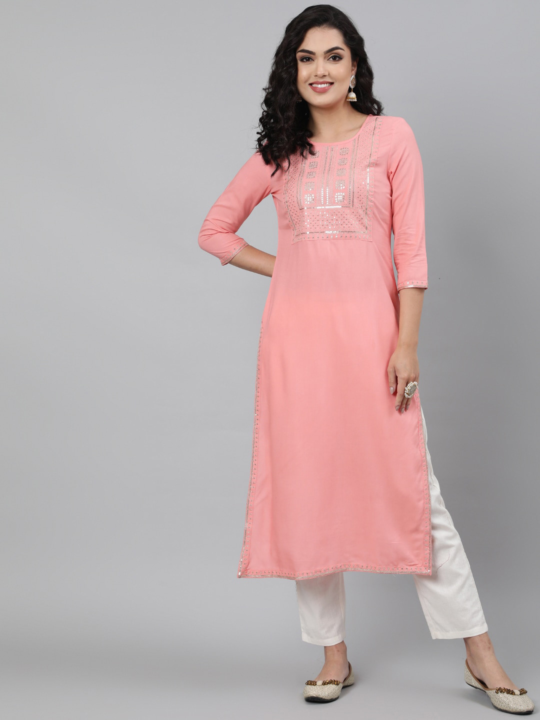 

GULMOHAR JAIPUR Women Pink Yoke Design Thread Work Kurta