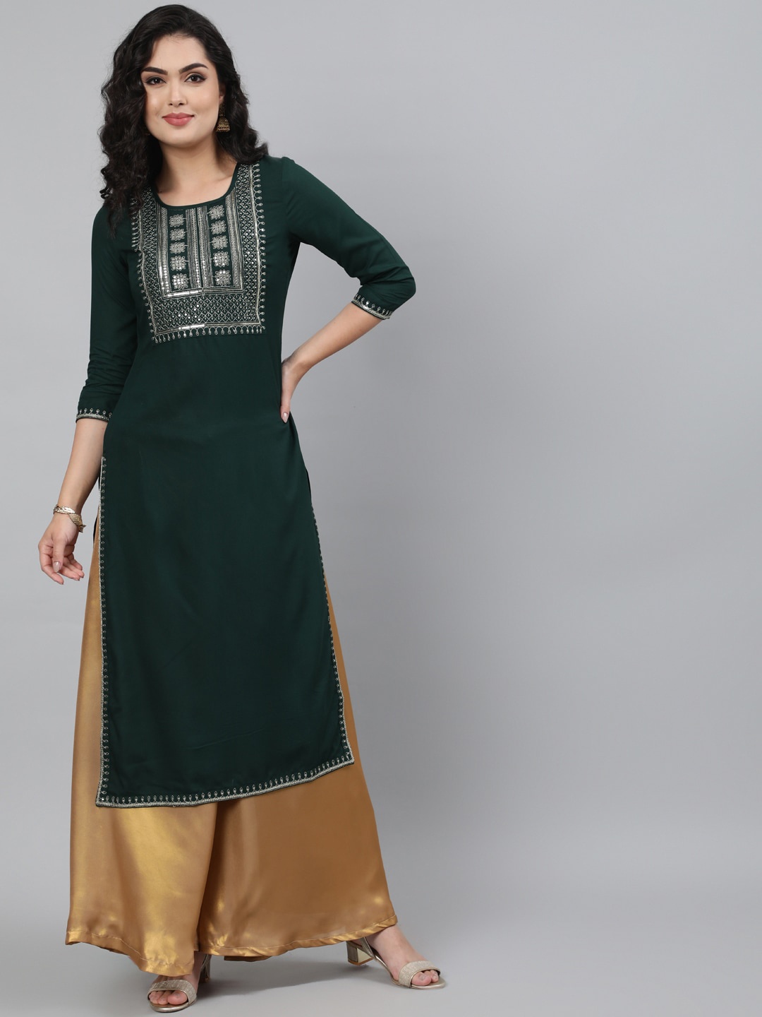 

GULMOHAR JAIPUR Women Green Woven Design Sequinned Yoke Design Kurta