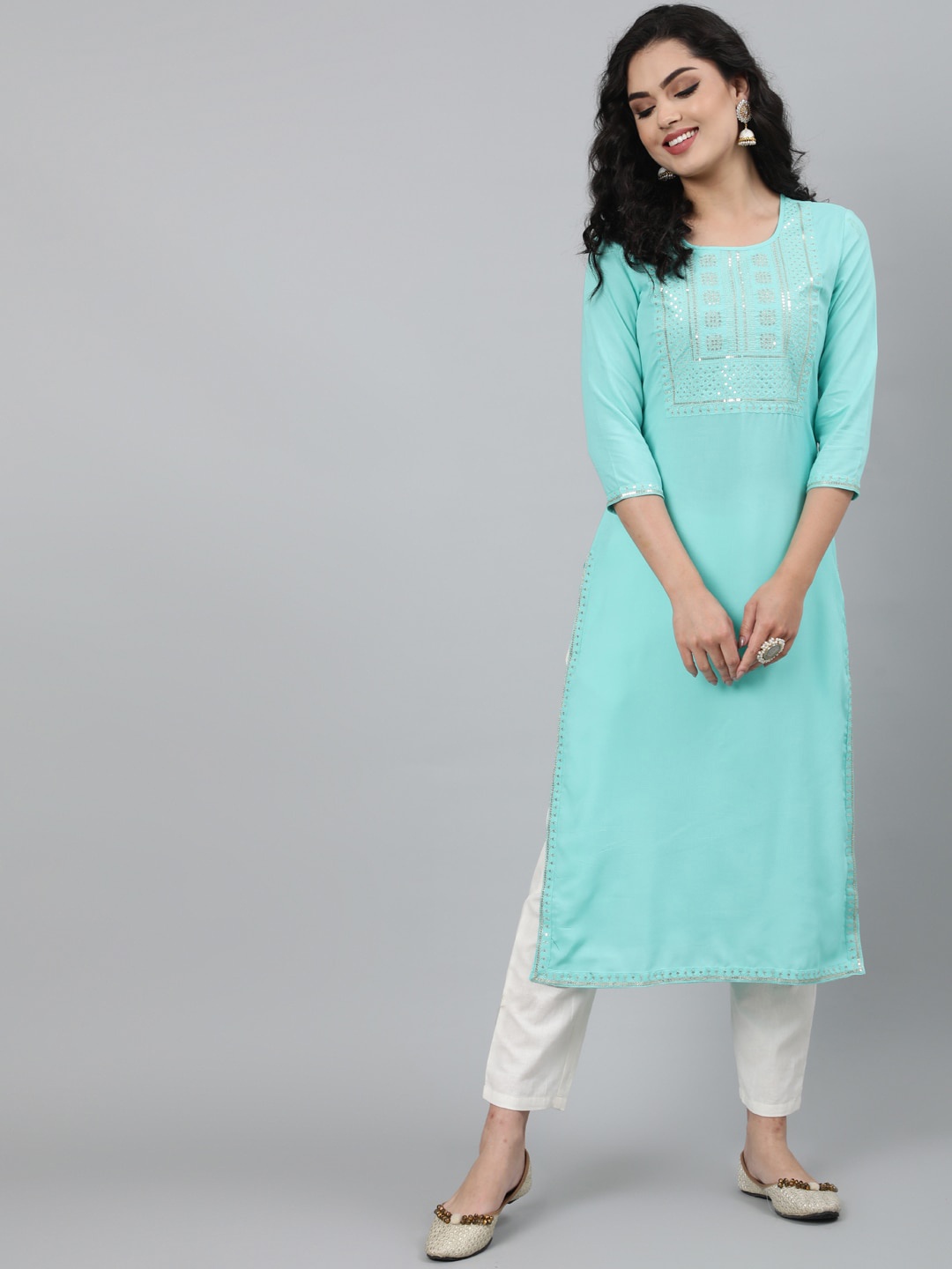 

GULMOHAR JAIPUR Women Blue Yoke Design Thread Work Kurta