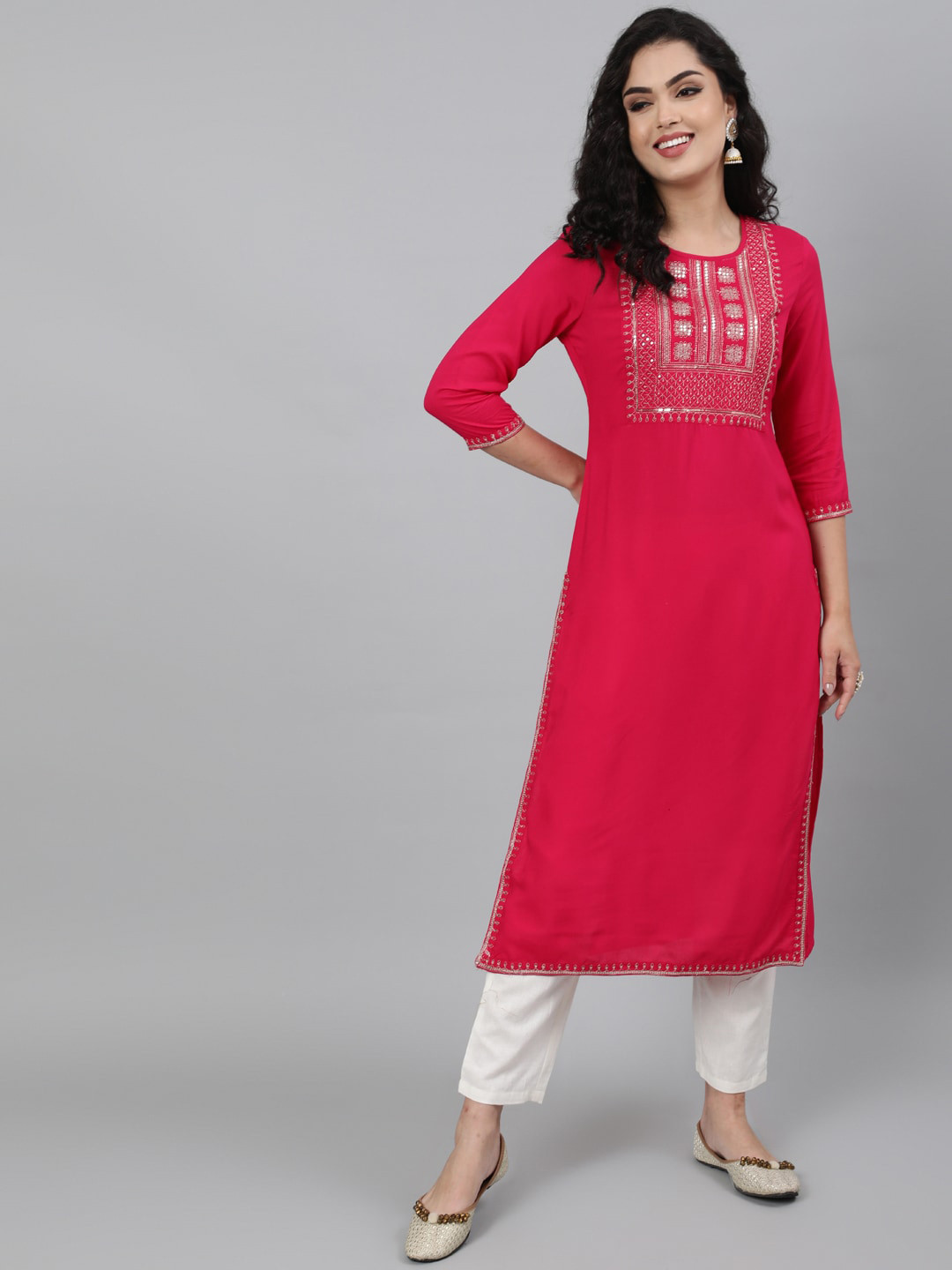 

GULMOHAR JAIPUR Women Fuchsia Woven Design Sequinned Yoke Design Kurta