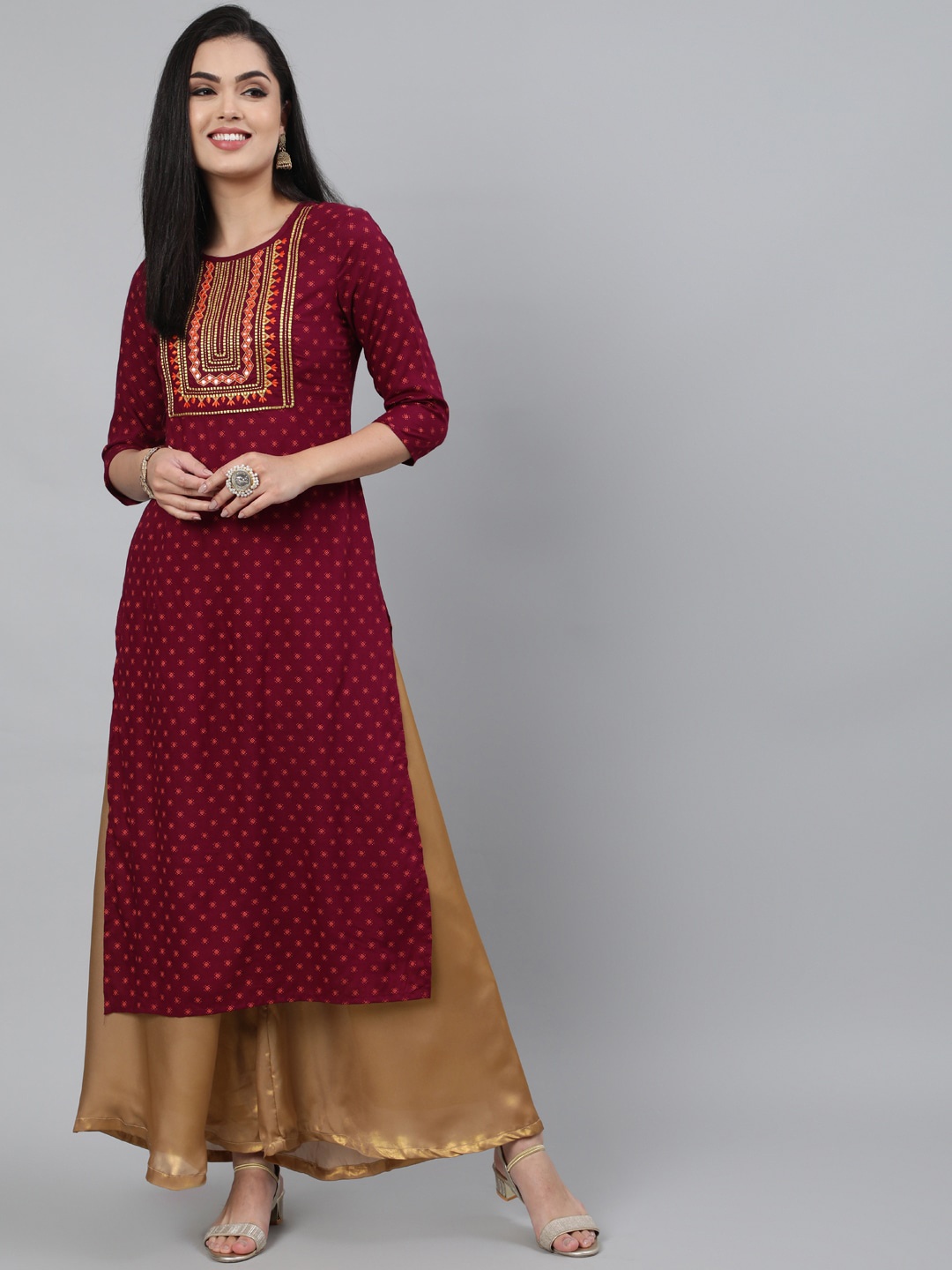 

GULMOHAR JAIPUR Women Red Ethnic Motifs Yoke Design Thread Work Kurta