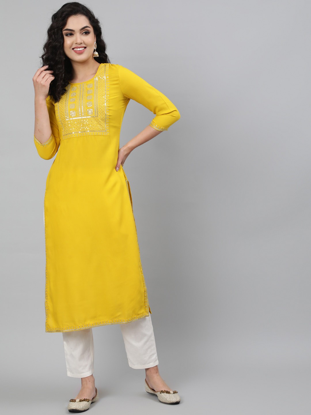 

GULMOHAR JAIPUR Women Mustard Yellow Yoke Design Kurta