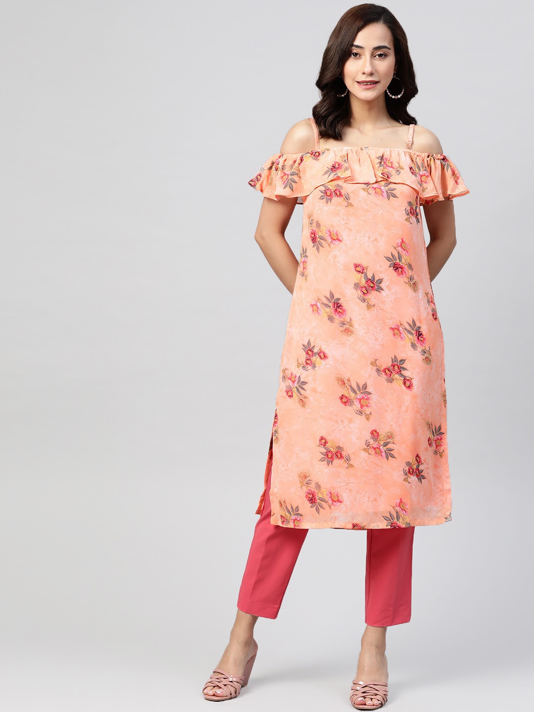 Jompers Women Orange Floral Printed Off-Shoulder Cold-Shoulder Sleeves Kurta