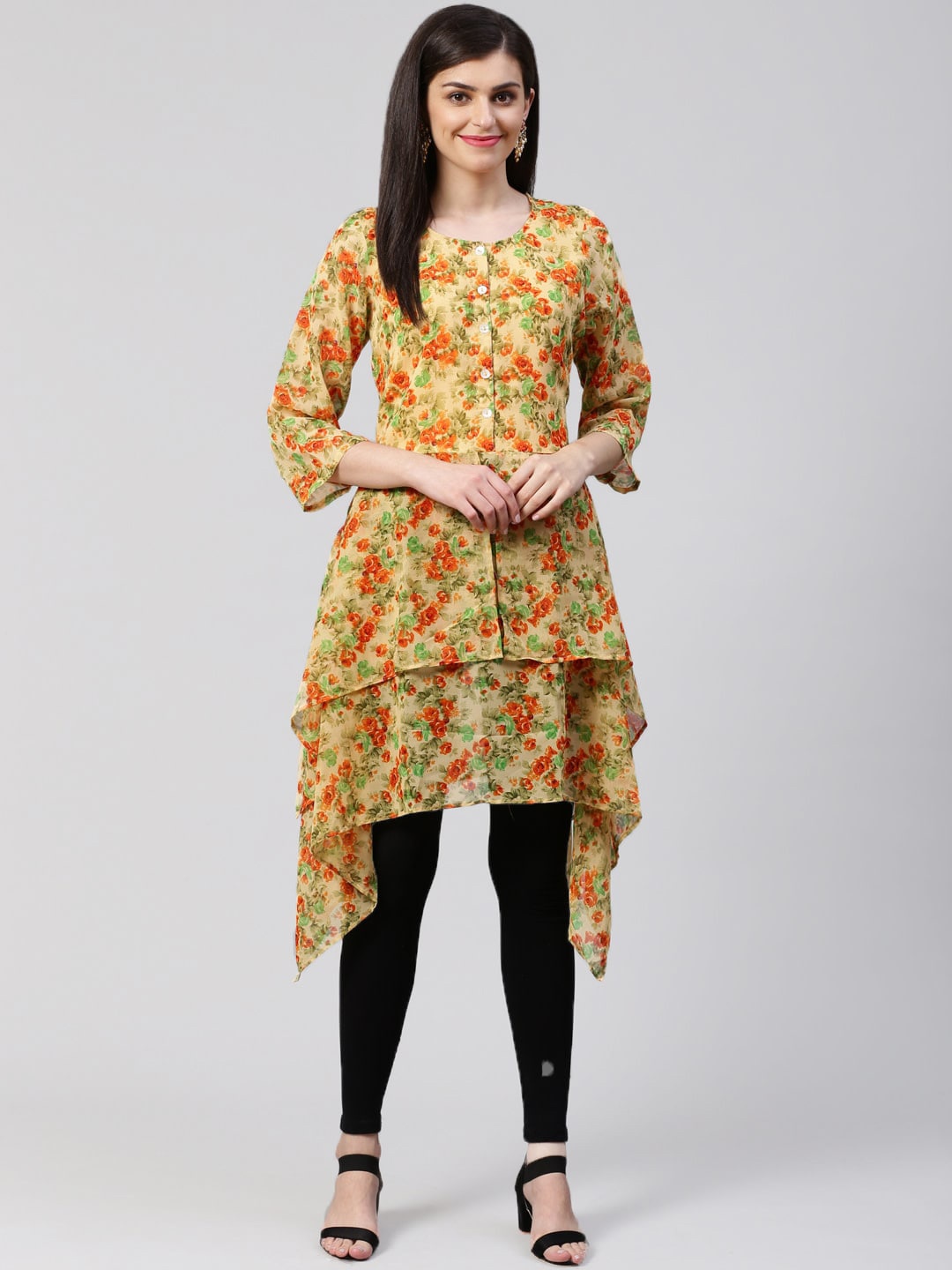 

Jompers Women Beige & Orange Floral Printed Georgette Kurta