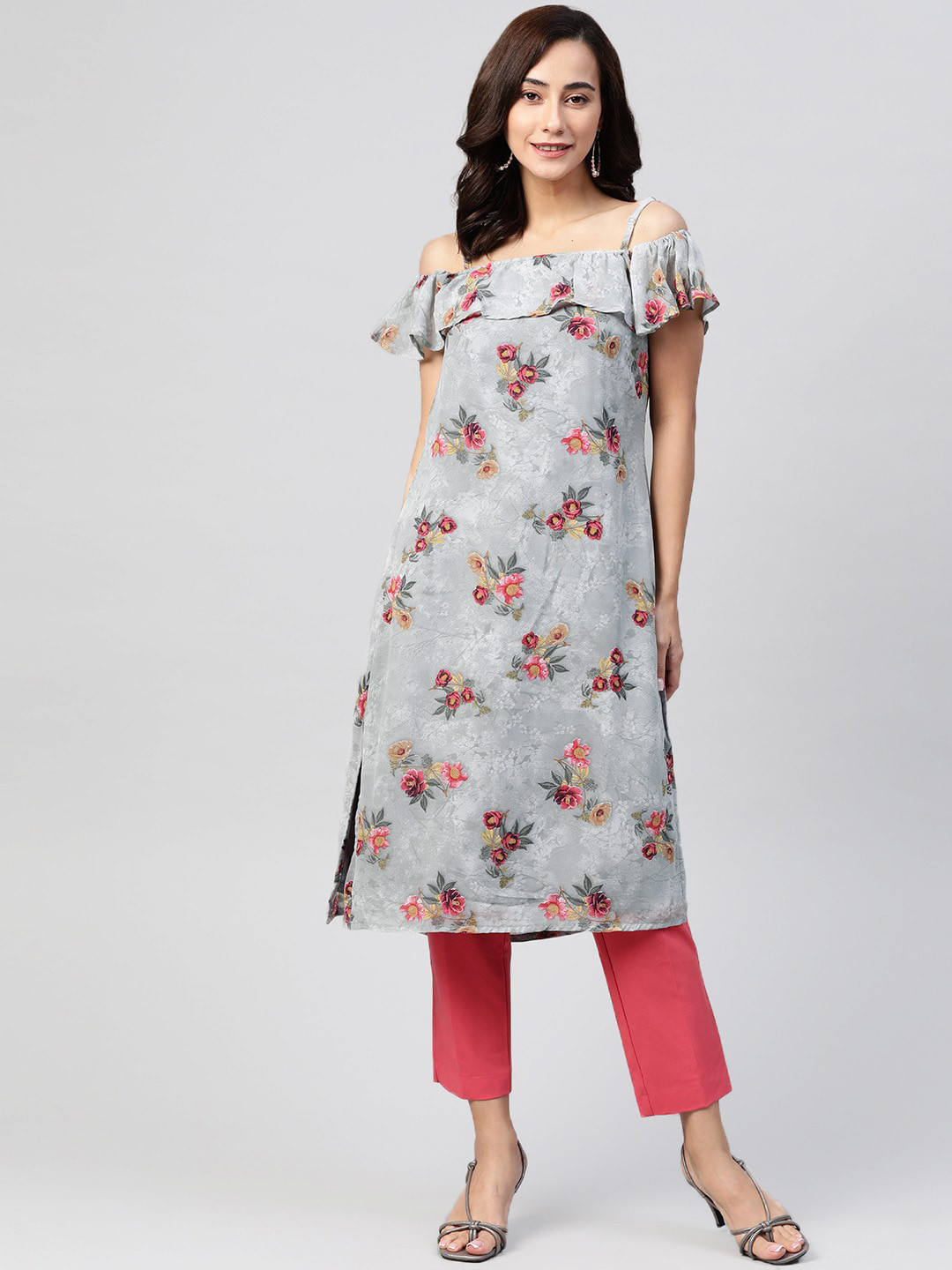

Jompers Women Grey & Red Floral Printed Off-Shoulder Georgette Kurta