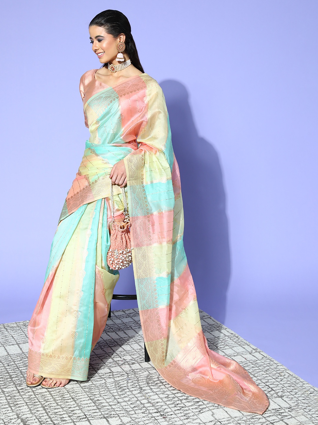 

Mitera Ethnic Motifs Saree with Woven Design border, Peach