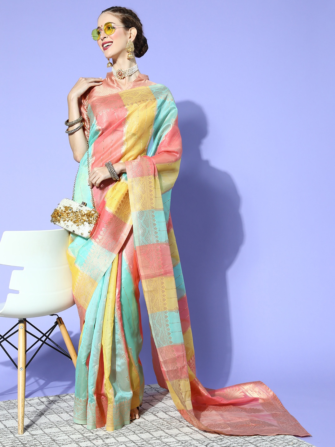 

Mitera Ethnic Motifs Saree with Woven Design border, Coral