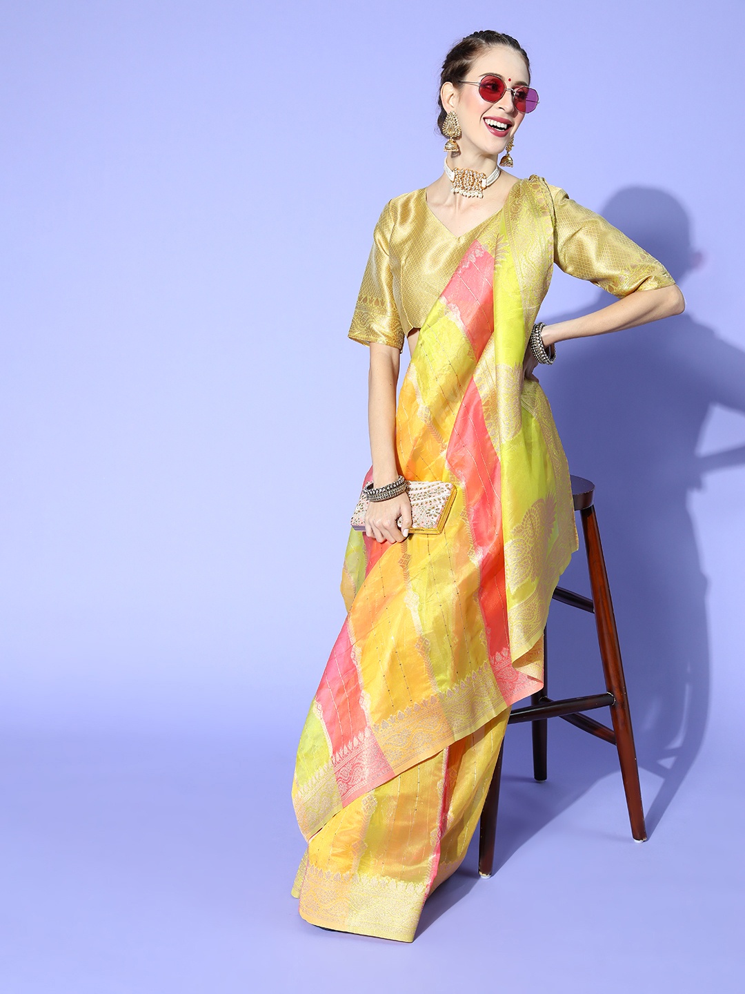 

Mitera Green & Yellow Ethnic Motifs Organza Saree