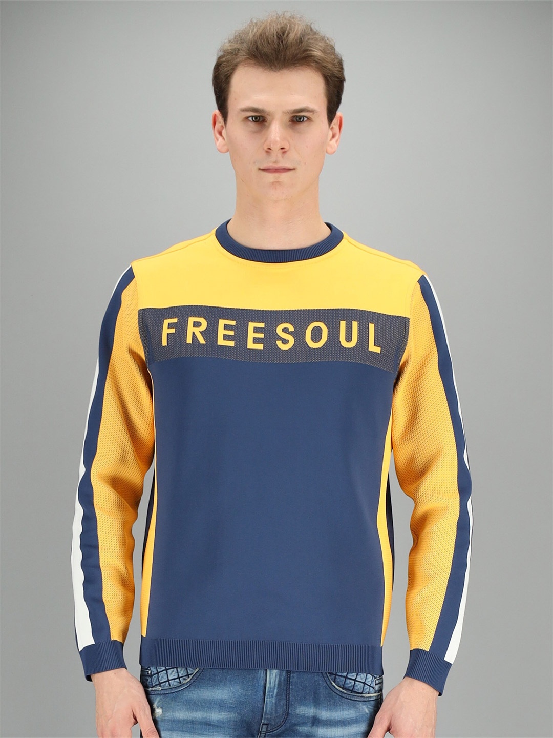 

FREESOUL Men Blue & Yellow Colourblocked Sweatshirt