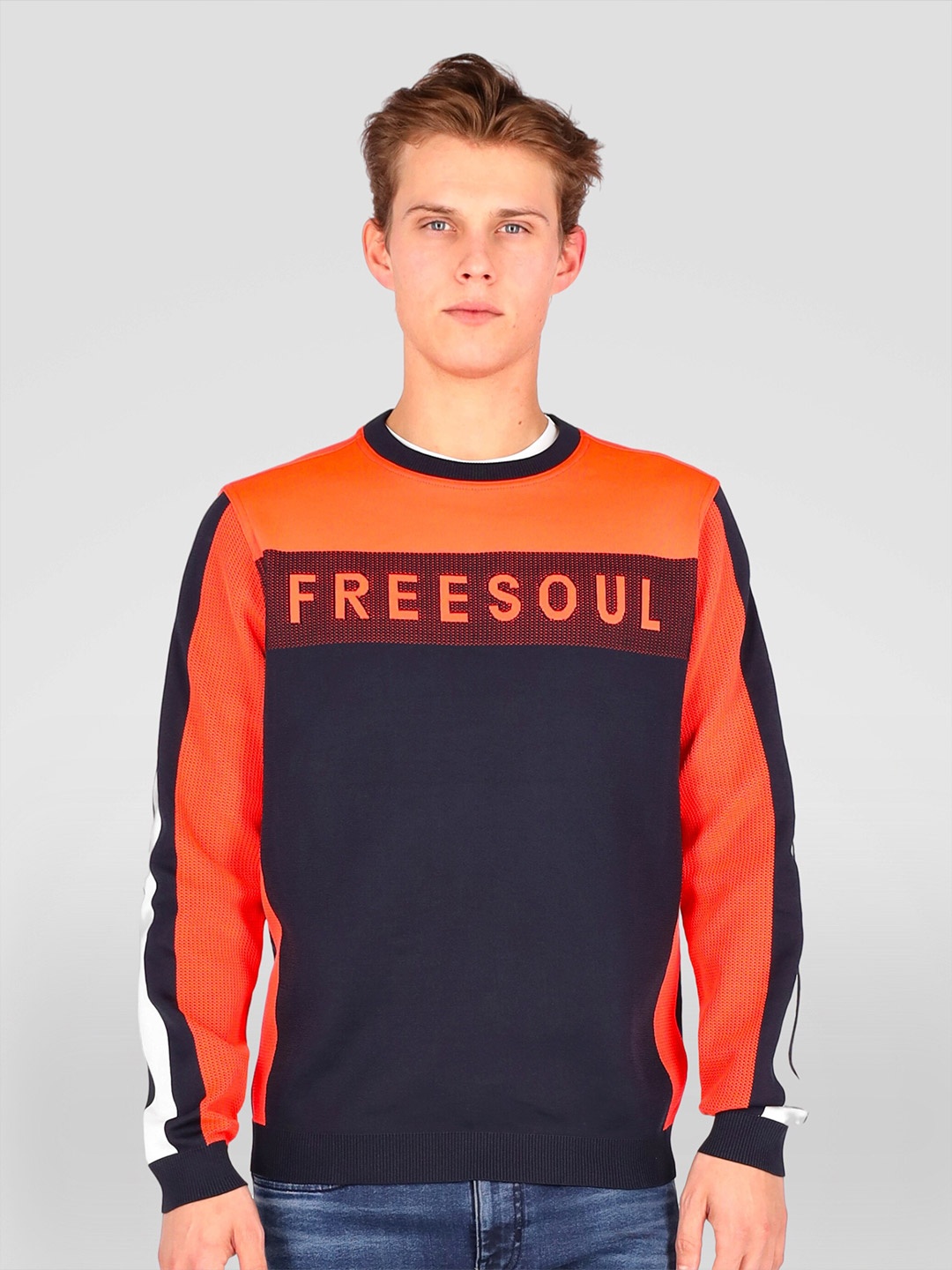 

FREESOUL Men Orange & Navy Blue Colourblocked Sweatshirt