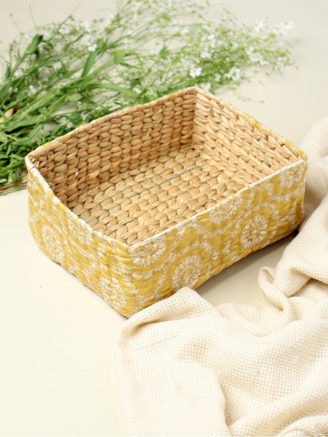 

HABERE INDIA Yellow Handcrafted Bamboo Multi-Utility Storage Basket