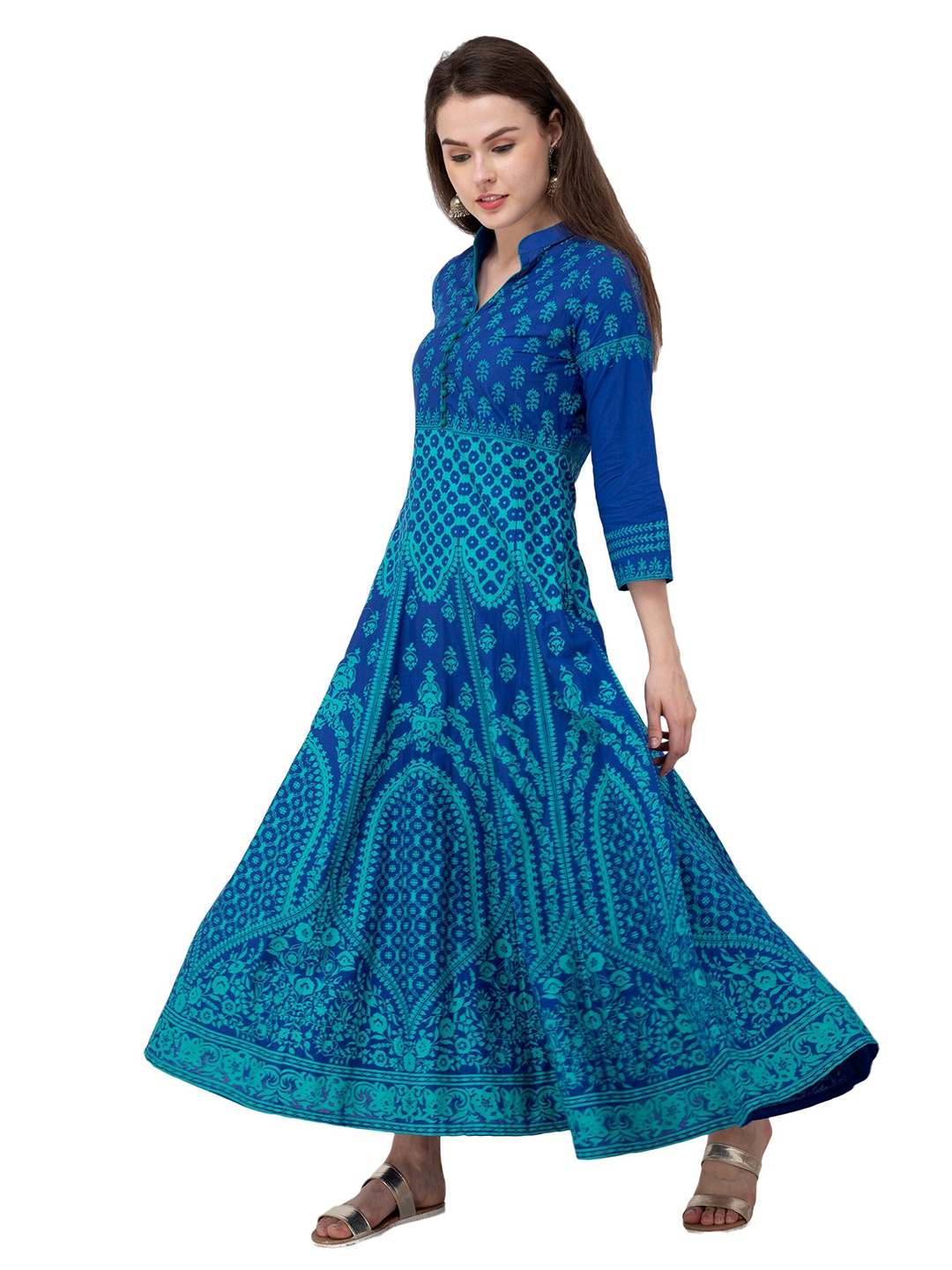 

EZIS FASHION Women Blue Ethnic Motifs Printed Anarkali Pure Cotton Kurta