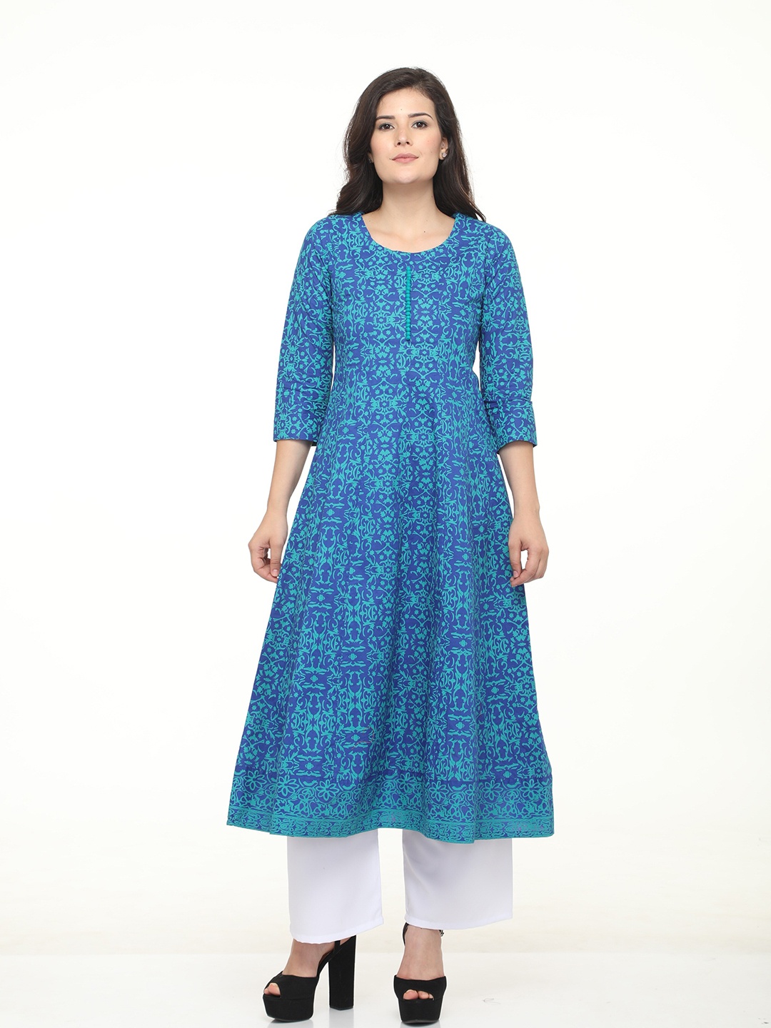 

EZIS FASHION Women Blue Printed Anarkali Pure Cotton Kurta