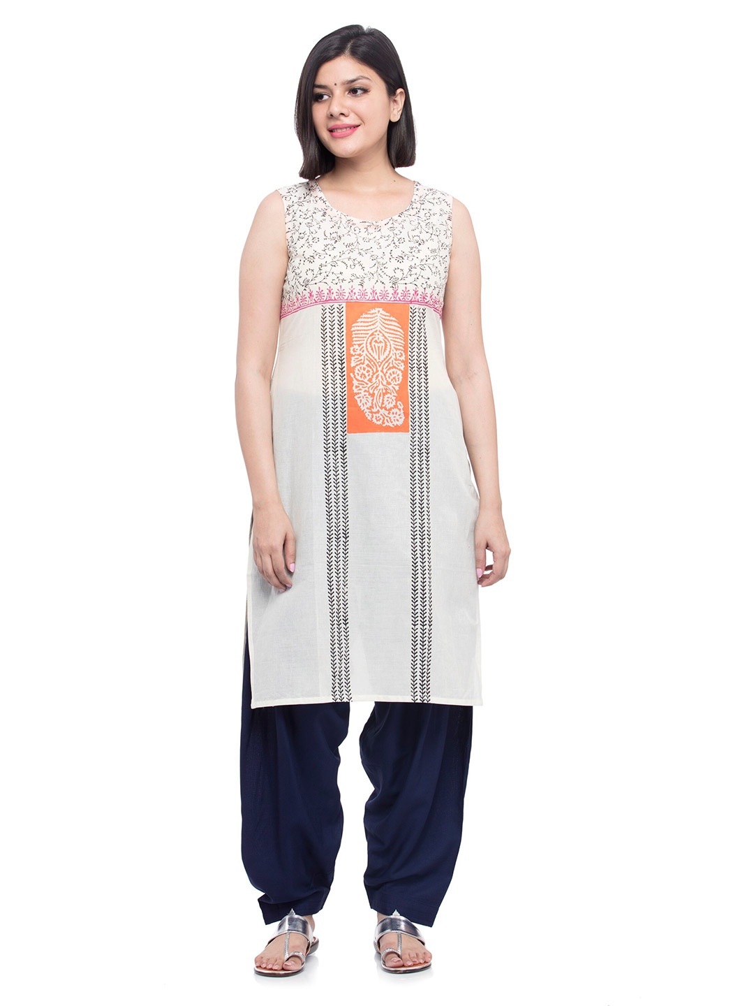 

EZIS FASHION Women White & Orange Ethnic Motifs Printed Pure Cotton Kurta