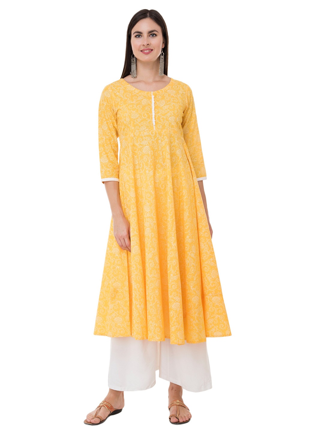 

EZIS FASHION Women Yellow & White Ethnic Motifs Printed Anarkali Kurta