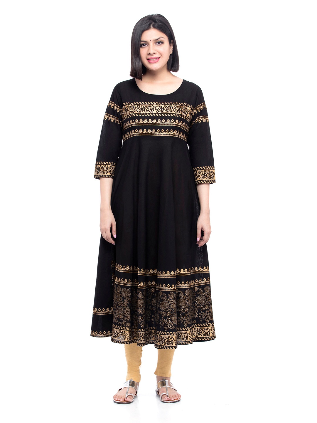 

EZIS FASHION Women Black & Gold-Toned Ethnic Motifs Printed Anarkali Kurta