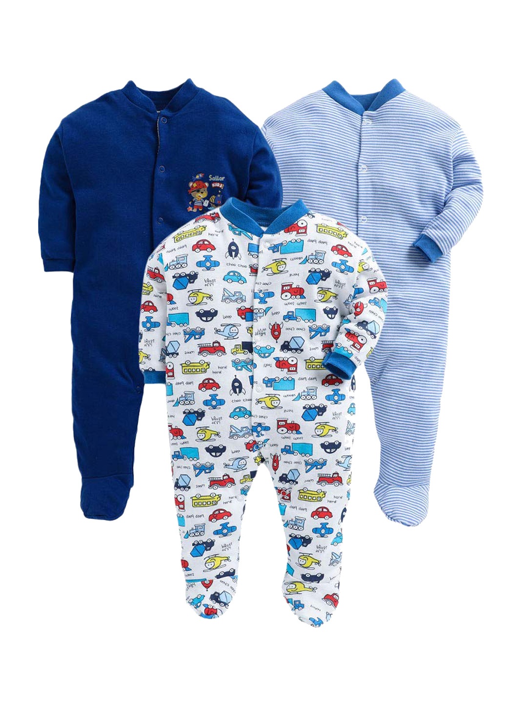

EIO Kids Pack of 3 Cotton Sleepsuits, Blue