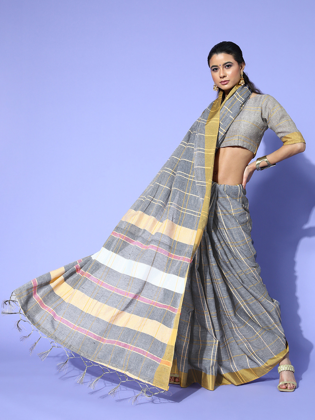 

Saree mall Grey & Golden Checked Pure Linen Saree